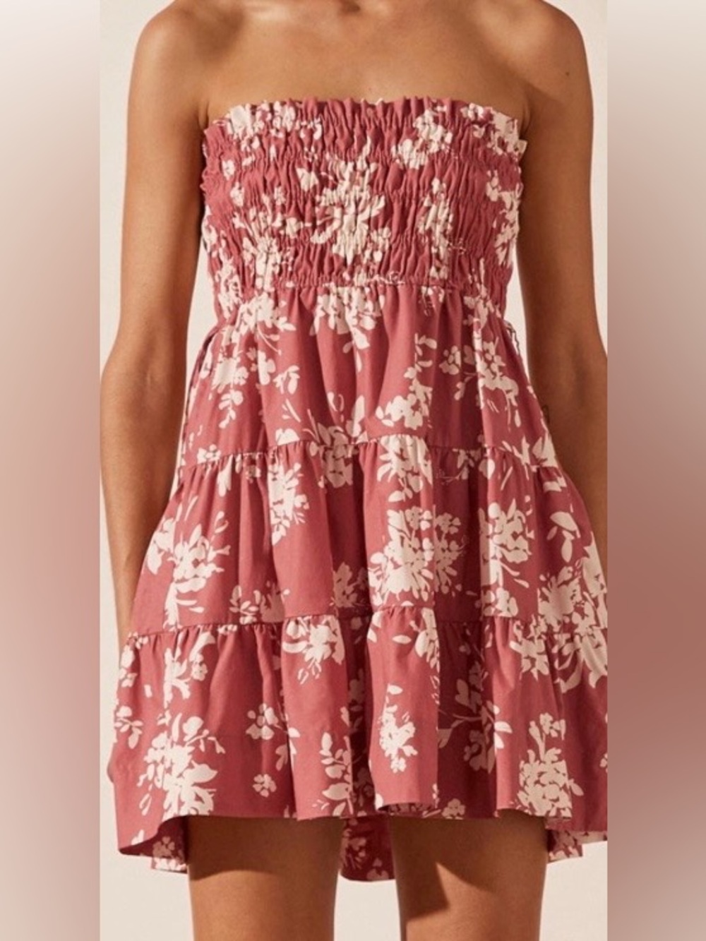 Shona Joy Coral-Pink Floral Smocked Tiered Mini Dress